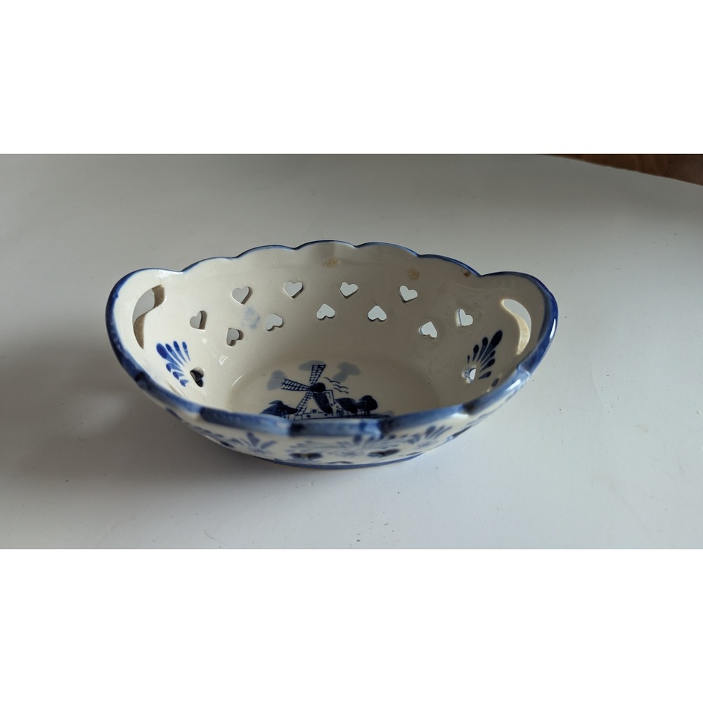 Delft Blue Style Ceramic Trinket Bowl Heart Cutouts Windmill Blue White Oval